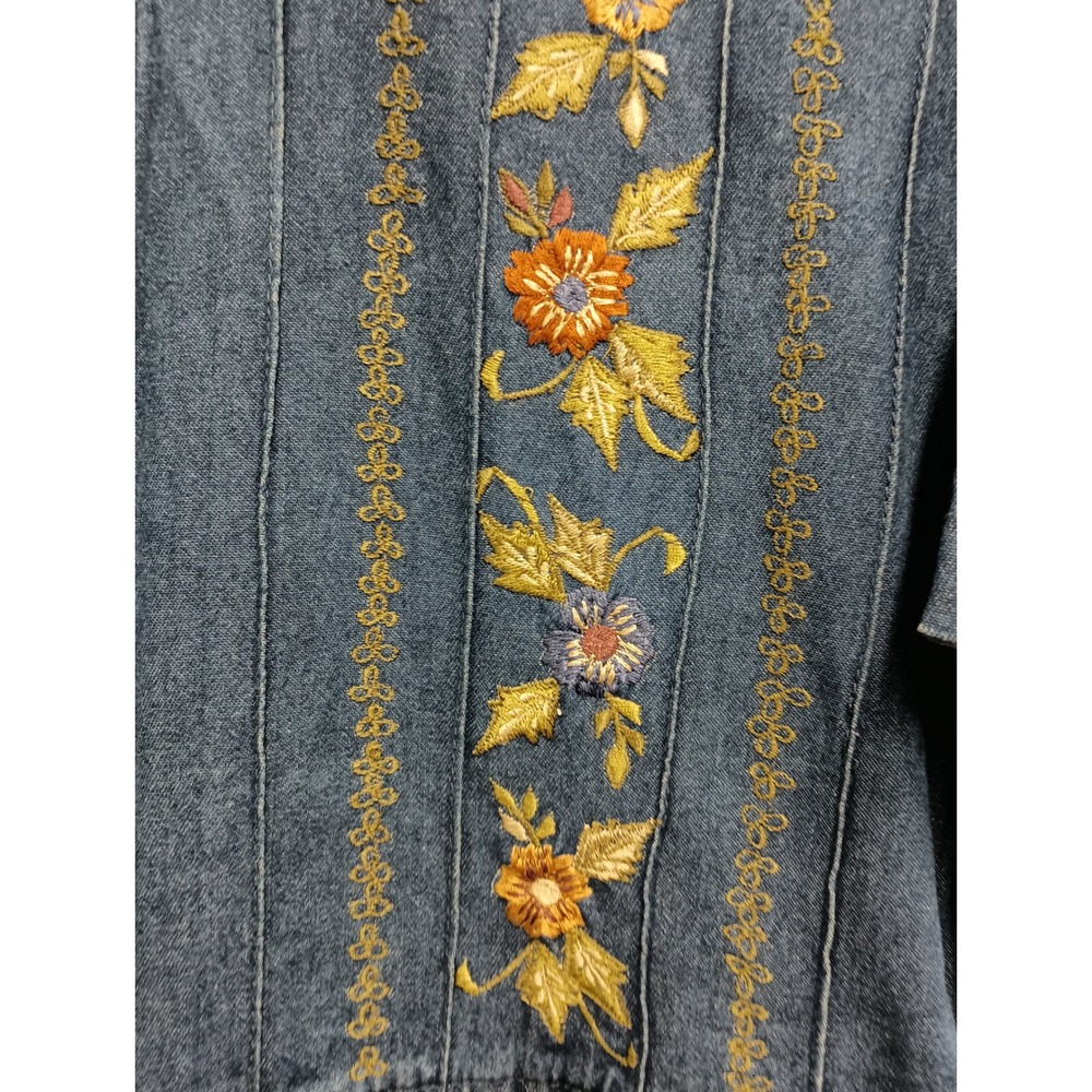 VTG 90s Erika & Co Denim Maxi Dress Womens Medium Blue BOHO Floral Embroidered - Picture 3 of 13
